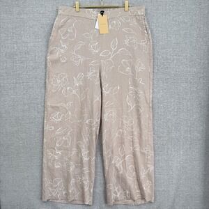 HALOGEN Womens XL‎ Linen Blend Wide Leg Crop Pants Floral Pull On Beige White